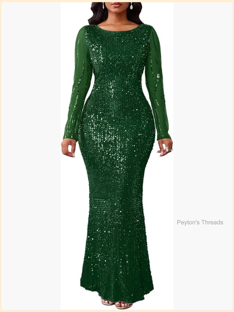 Sequin Bodycon Mermaid Maxi Dress Long Sleeve Round Neck